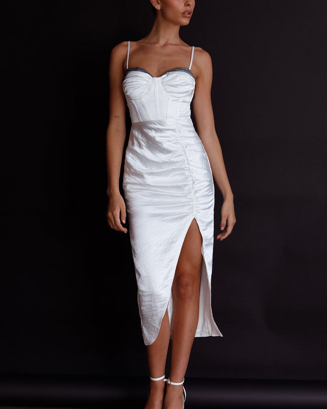 White Structured Bodice Ruched Midi Dress