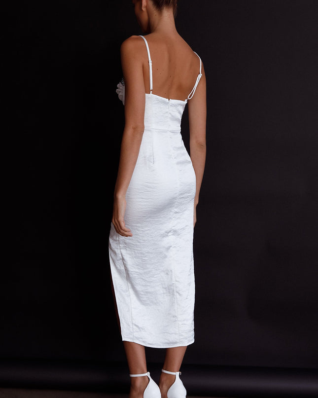 White Structured Bodice Ruched Midi Dress