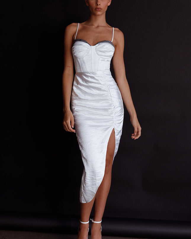 White Structured Bodice Ruched Midi Dress