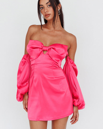 Pink Off-Shoulder Bow Mini Dress