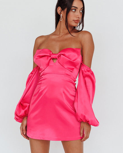 Pink Off-Shoulder Bow Mini Dress