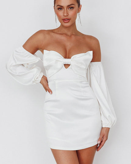 White Off-Shoulder Bow Mini Dress