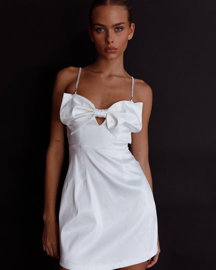 White Bow Diamante Mini Dress