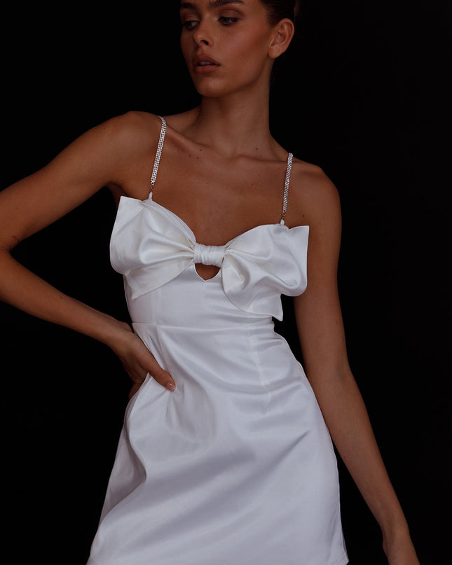 White Bow Diamante Mini Dress
