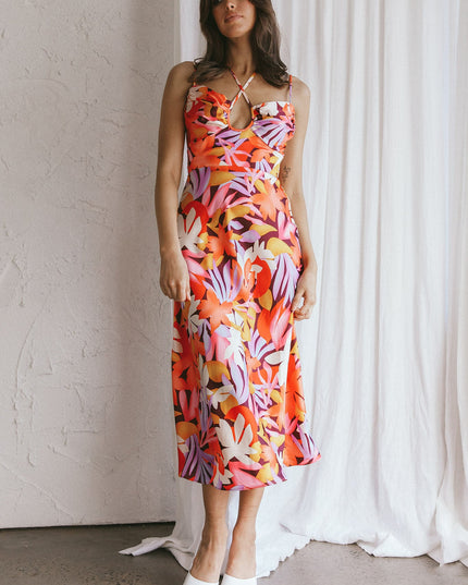 Orange Satin Midi Dress Floral