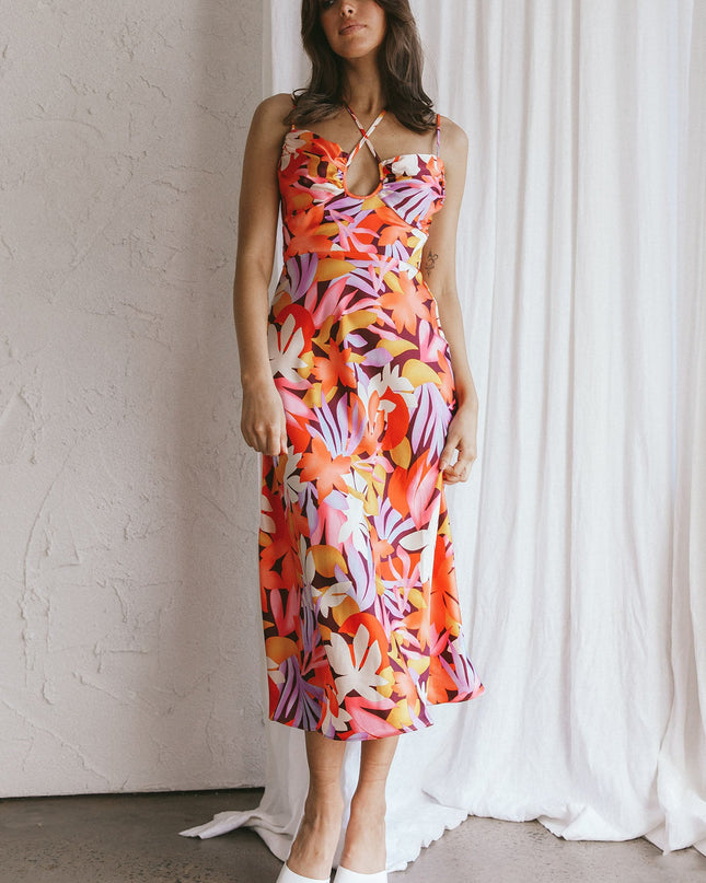 Orange Satin Midi Dress Floral