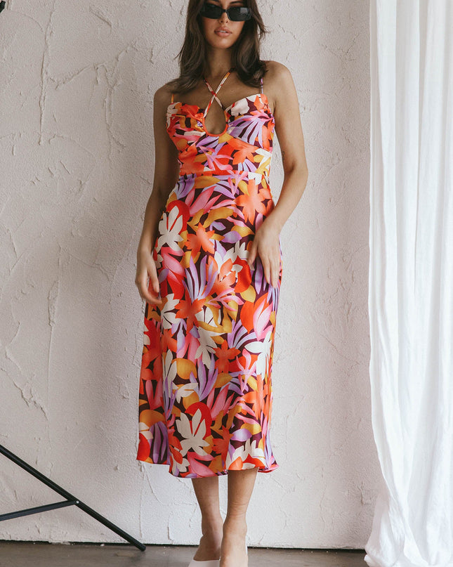 Orange Satin Midi Dress Floral