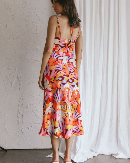 Orange Satin Midi Dress Floral