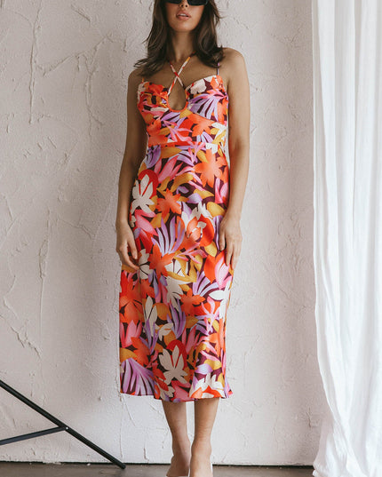 Orange Satin Midi Dress Floral