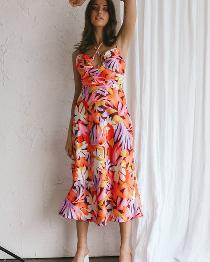 Orange Satin Midi Dress Floral