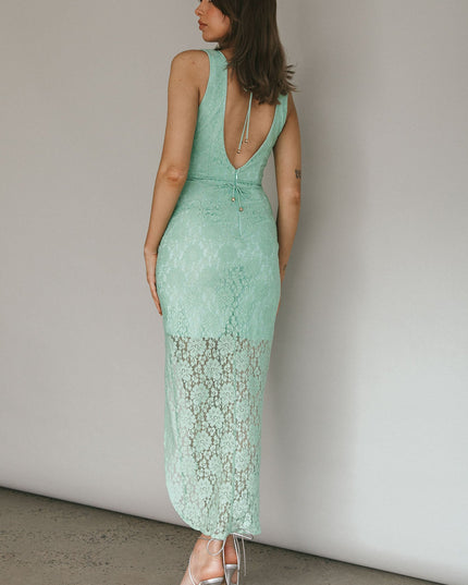 Pistachio Me Plunging Neckline Lace Dress
