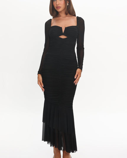 Black Long Sleeve Fishtail Midi Dress