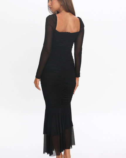 Black Long Sleeve Fishtail Midi Dress