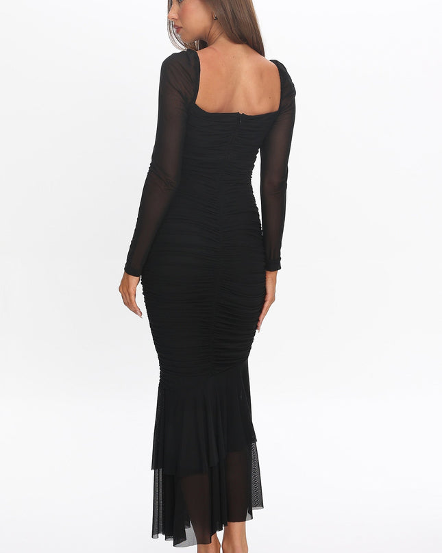Black Long Sleeve Fishtail Midi Dress