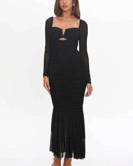 Black Long Sleeve Fishtail Midi Dress