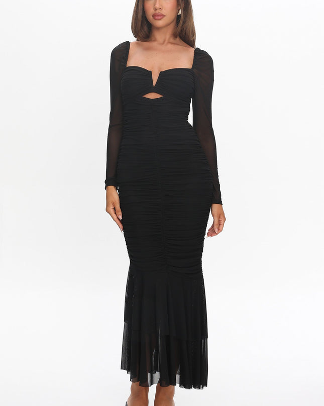 Black Long Sleeve Fishtail Midi Dress