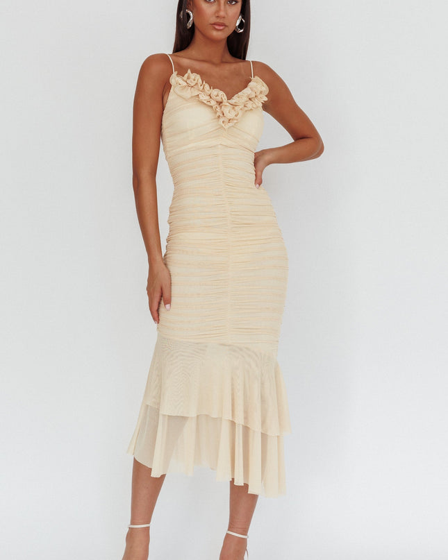 Butter Ruffle Neckline Ruched Midi Dress