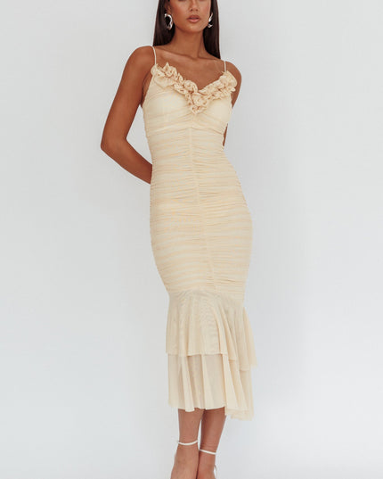 Butter Ruffle Neckline Ruched Midi Dress