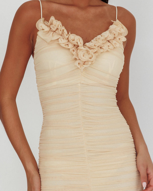 Butter Ruffle Neckline Ruched Midi Dress