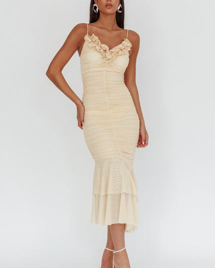 Butter Ruffle Neckline Ruched Midi Dress