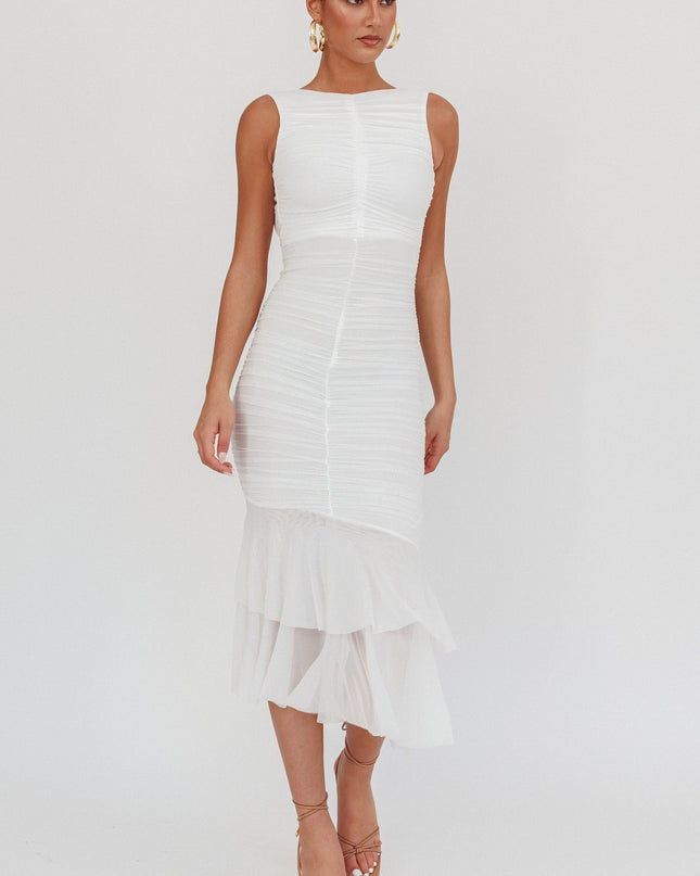 White Sleeveless Ruched Midi Dress
