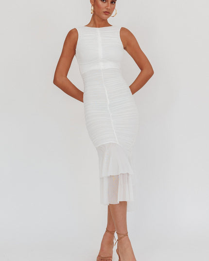 White Sleeveless Ruched Midi Dress