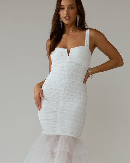 White Tulle Hem Ruched Maxi Dress