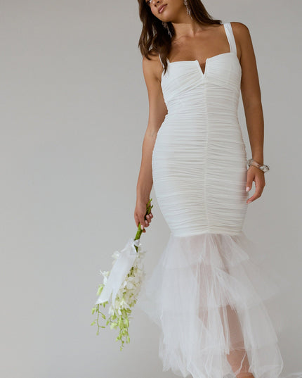 White Tulle Hem Ruched Maxi Dress