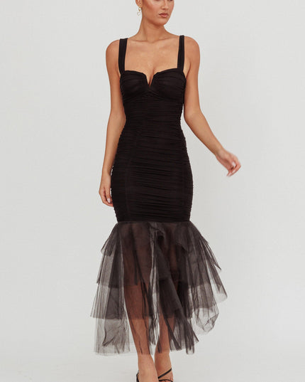 Black Tulle Hem Ruched Maxi Dress
