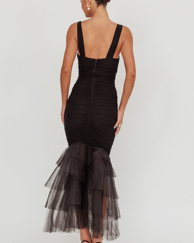 Black Tulle Hem Ruched Maxi Dress