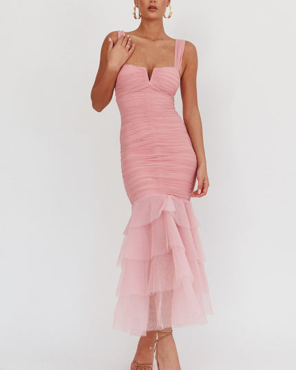 Pink Tulle Hem Ruched Maxi Dress
