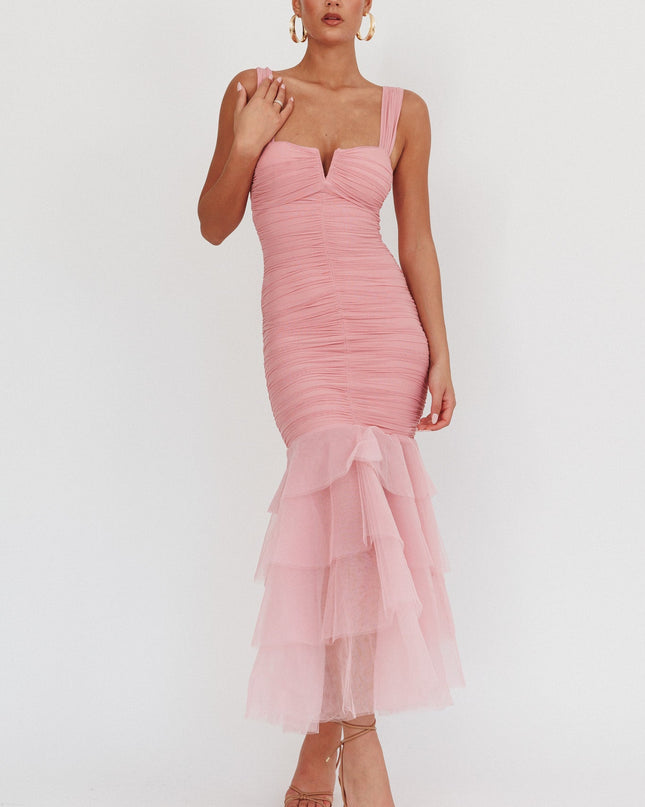 Pink Tulle Hem Ruched Maxi Dress