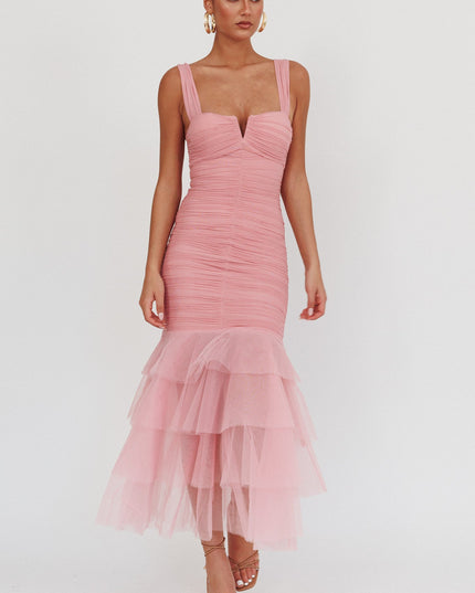 Pink Tulle Hem Ruched Maxi Dress