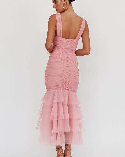 Pink Tulle Hem Ruched Maxi Dress
