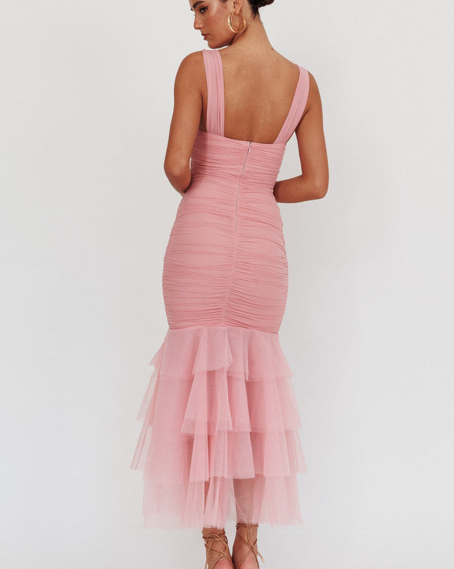 Pink Tulle Hem Ruched Maxi Dress