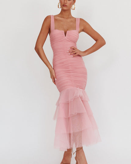 Pink Tulle Hem Ruched Maxi Dress