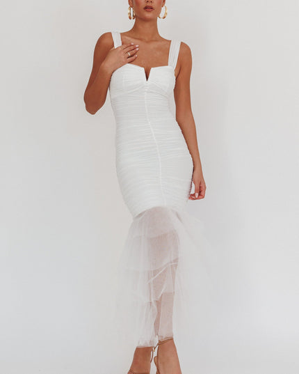 White Tulle Hem Ruched Maxi Dress