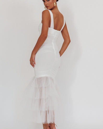 White Tulle Hem Ruched Maxi Dress