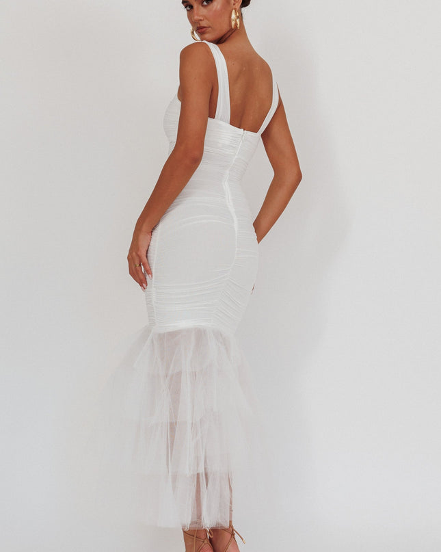White Tulle Hem Ruched Maxi Dress