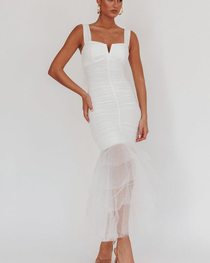 White Tulle Hem Ruched Maxi Dress