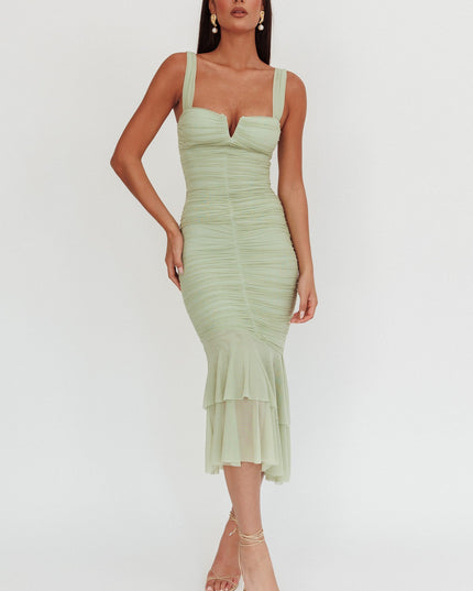 Pistachio Ruched Fishtail Maxi Dress