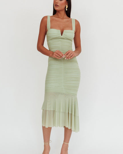 Pistachio Ruched Fishtail Maxi Dress
