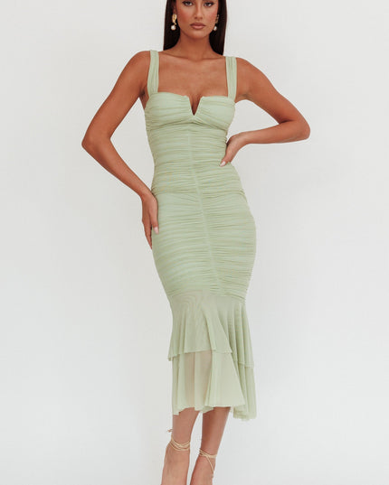 Pistachio Ruched Fishtail Maxi Dress