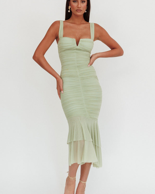 Pistachio Ruched Fishtail Maxi Dress