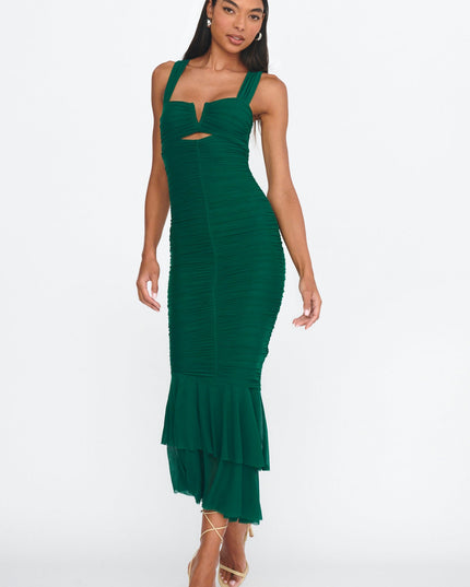 Green Ruched Fishtail Maxi Dress