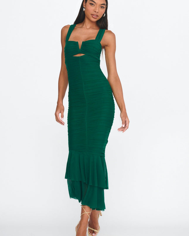 Green Ruched Fishtail Maxi Dress