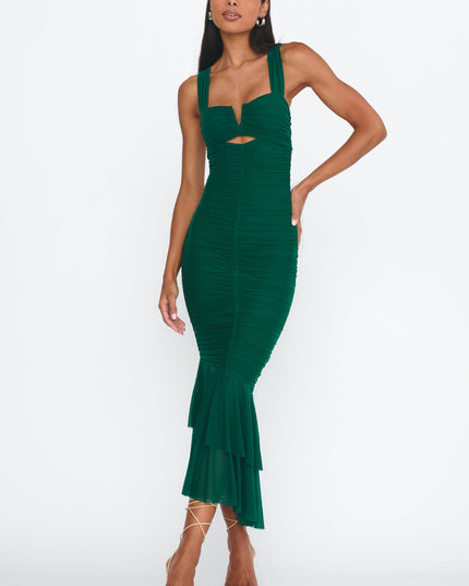 Green Ruched Fishtail Maxi Dress