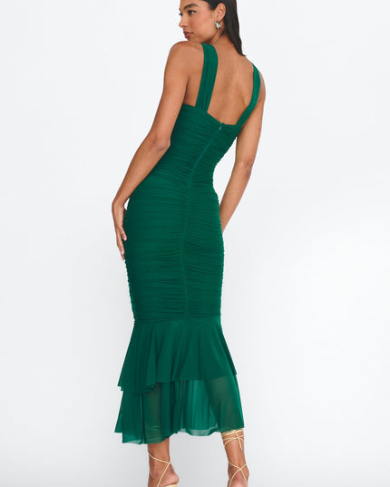 Green Ruched Fishtail Maxi Dress