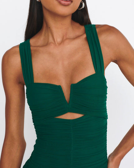 Green Ruched Fishtail Maxi Dress