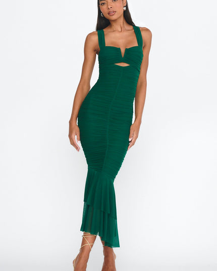 Green Ruched Fishtail Maxi Dress